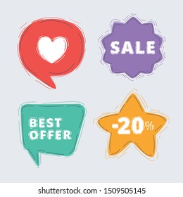 Vector cartoon illustration of special offer labels set. Sale, like, best offer, 20 percent off. Element on white background.