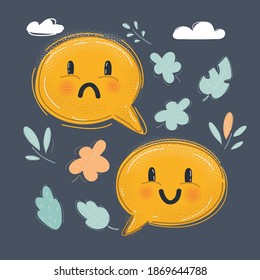Vector cartoon illustration of Speech bubble smile face icons. Happy, sad signs. Happy smiley chat symbol. Feedback concept.
