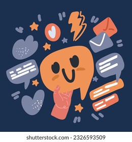 Vector cartoon illustration of Speech bubbles with emoticons. Happy facial symbols, emojis. Satisfied feedbacks over dark background