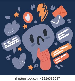 Dibujo vectorial de burbujas de voz con emoticonos. Símbolos faciales tristes, emojis. Retroalimentación insatisfecha sobre fondo oscuro