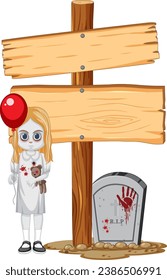 A vector cartoon illustration of a spooky ghost girl holding a balloon next to a tombstone and wooden signboard