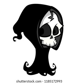 Vector cartoon illustration of spooky Halloween death skeleton character mascot isolated on white background. Grim reaper
