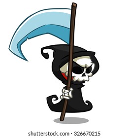 Vector cartoon illustration of spooky Halloween death with scythe, skeleton character mascot isolated on white background