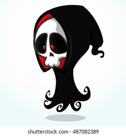 Vector cartoon illustration of spooky Halloween death, skeleton character mascot in black hood isolated on white background