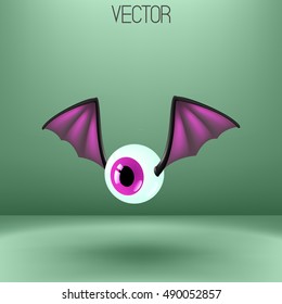 Vector cartoon illustration. Spooky monster icon. Cute bat eye sign. Halloween. Eps 8. Pink eye. Purple wings.