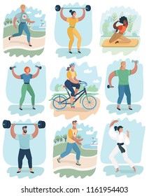 Vector cartoon illustration of sport people activities set. running, yoga, Cycling, lifting weights, dumbbells, karate, Taekwondo.