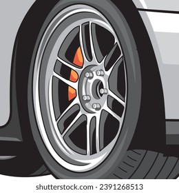 vector cartoon illustration of sports car tires, car rims, automotive t-shirt design