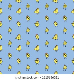 Vector cartoon illustration. Spring Easter background with chicks.Seamless pattern with birds in love, flowers, hearts. Valentine's Day or love print. Pastel pink print on fabric, textile, wallpaper. 