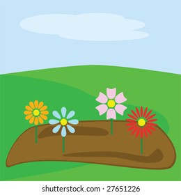 Vector cartoon illustration of a spring garden with different flowers