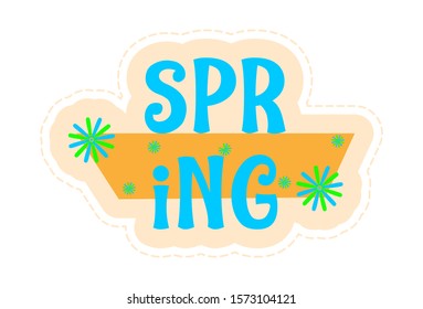 Vector cartoon illustration of spring text sticker. Isolated on white background.