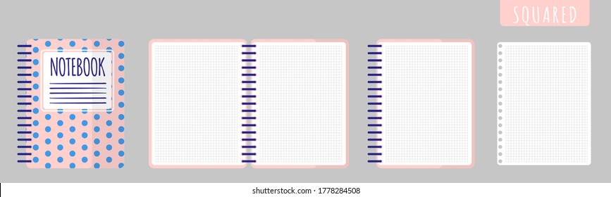 Vector cartoon illustration with sqared notebook, open notebook and blank sheets on white background. Back to school