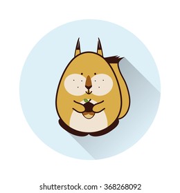 Vector cartoon illustration of squirrel with hazelnut. Blue round background with long shadow. Flat style icon element for design. Cute  forest, wild animal