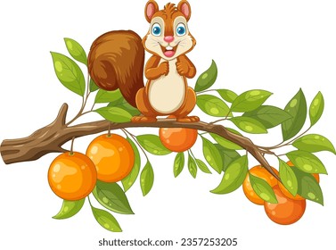 A vector cartoon illustration of a squirrel perched on an orange tree branch