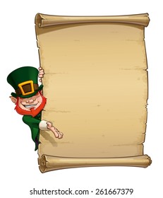 Vector Cartoon Illustration of St. Patrick presenting a declaration-like papyrus.