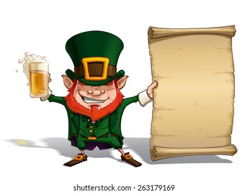 Vector Cartoon Illustration of St. Patrick cheering with a pint of beer, holding an old declaration-like papyrus.