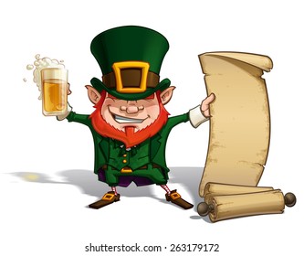 Vector Cartoon Illustration of St. Patrick cheering with a pint of beer, holding an old declaration-like papyrus.