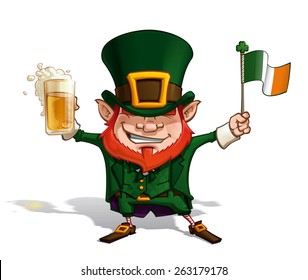 Dibujo vectorial de San Patricio animando con una pinta de cerveza, sosteniendo un viejo papiro declarado.