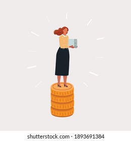 Vector cartoon illustration of Stack of golden coins isolated on dark background. Woman have salary and remuneration of a specialist concept