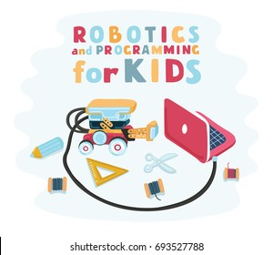 Vector cartoon illustration of staff for designed Robotics for children, robot designer. Electronics Design construct designing. Assemble the robot