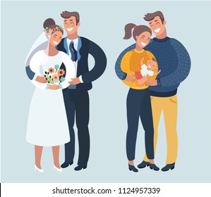 Vector cartoon illustration of stages of happy family life. Marriage, husband, wife and baby. Various situations of relationship. Newlyweds.