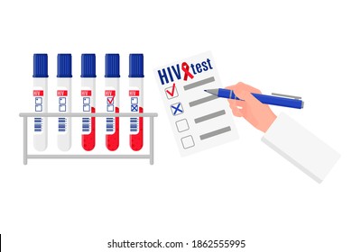 Ilustración vectorial con tubos de ensayo y soporte con análisis de sangre para el VIH y en blanco con resultados aislados en fondo blanco. Día Mundial del SIDA.
