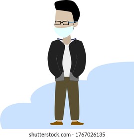 vector cartoon illustration of standing man wearing face mask