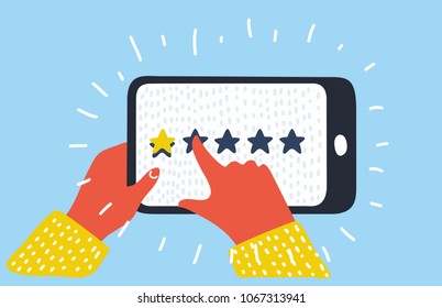 Vector cartoon illustration of Star - user rating on mobile phone.user opinion, review, feedback. Bad rating. Humna hands push stars.