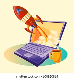 Vector cartoon illustration of the startup concept of business project, the launch of a new investment project. Illustration of a rocket flying out of a laptop monitor