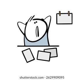 Vector cartoon illustration,  stickman in a panic looks at  wall calendar, does not have time to finish the work on time. Unpleasant situation in the office, the employee did not cope with task.