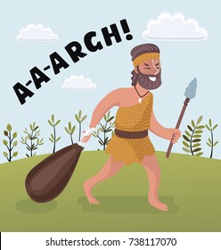 Vector cartoon illustration of Stone age primitive man (Homo Sapiens) comes back from hunting