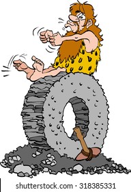 Vector cartoon illustration of a Stoneage man sitting on a stone wheel