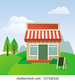 Vector cartoon illustration - store house with striped awning