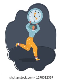 Vector cartoon illustration of Stress - business woman running late with giant clock. Female character hurry running time Concept on dark background.