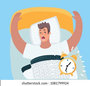 Vector cartoon illustration of stressed upset frightened anxious nervous man in panic looking at the clock, he very late for work or at a business meeting. Alarm clock goes off