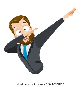 Vector cartoon illustration of strong bearded businessman character making dab gesture. Dabbing dance character. Vector illustration in cartoon flat style, isolated on a white background.
