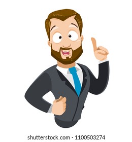 Vector cartoon illustration of strong bearded business man  character with a raised index finger. Concept of a great idea. Vector illustration in cartoon flat style, isolated on a white background.
