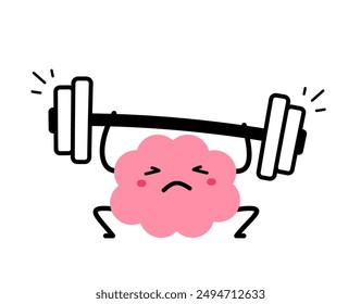Vector cartoon illustration of strong brain character lift barbell hardly on white color background. Flat doodle style design of healthy brain exercise with difficult weight for web, site, banner