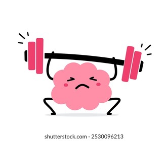 Vector cartoon illustration of strong brain character train to lift barbell on white color background. Flat doodle style design of healthy brain exercise with difficult weight for fitness banner