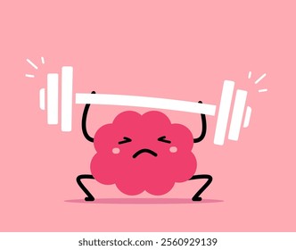 Vector cartoon illustration of strong brain character exercise with difficult weight on pink color background. Flat doodle style design of healthy brain train to lift barbell for fitness banner