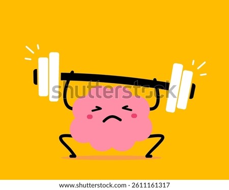Vector cartoon illustration of strong brain character make exercise with difficult weight. Flat doodle style design of healthy brain train to lift hard barbell for fitness banner, web, poster, card