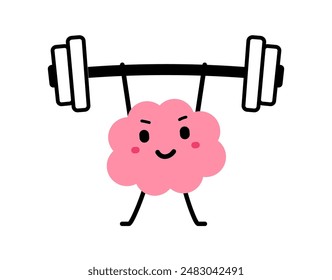 Vector cartoon illustration of strong happy brain character lift barbell on white color background. Flat doodle style design of smile healthy brain exercise with weight for web, site, banner, poster