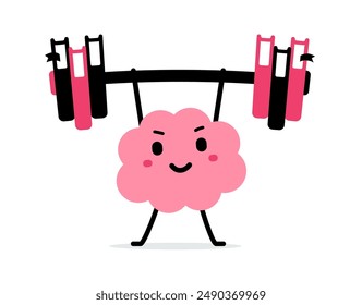 Vector cartoon illustration of strong happy brain character lift book barbell up on white color background. Flat doodle style design of healthy smile brain exercise with weight for education web site