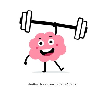 Vector cartoon illustration of strong happy brain character lift barbell easy on white color background. Flat line doodle style design of smile healthy brain exercise with weight for web, site, banner