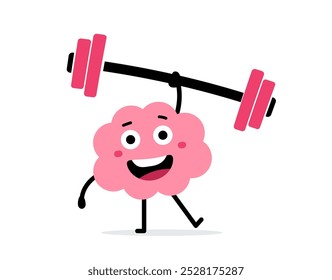 Ilustración de dibujos animados de Vector de fuerte carácter cerebral feliz levantar peso fácil sobre fondo de color blanco. Línea plana doodle estilo diseño de sonrisa saludable ejercicio cerebral deportivo con barra para el Anuncio