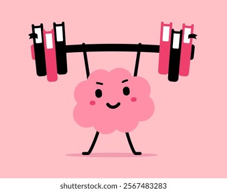 Vector cartoon illustration of strong happy brain character training lift book barbell up on pink color background. Flat doodle style design of healthy smile brain athlete exercise with weight