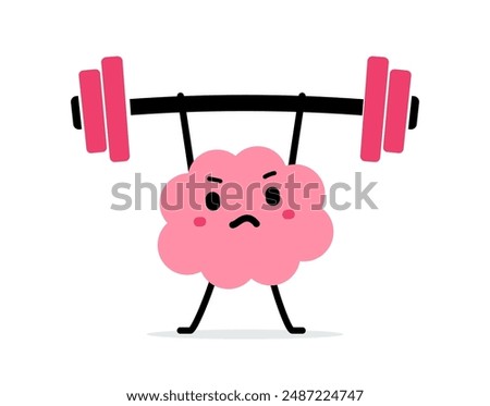 Vector cartoon illustration of strong happy brain character lift barbell up on white color background. Flat doodle style design of healthy brain exercise with weight for web, site, banner, poster