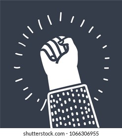 Vector cartoon illustration of Strong man clenched fist isolated on dark background.