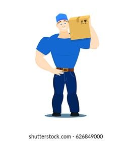 Vector cartoon illustration of a strong moving service guy loader, porter, heaver in flat design style holding a box with things on a white background EPS10