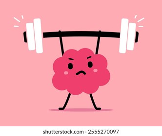 Vector cartoon illustration of strong serious brain character exercise with weight on pink color background. Flat doodle style design of healthy brain lift barbell up easy for web banner, poster, card