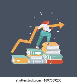 Vector cartoon illustration of Student sitting on stack of books. Studying concept on dark background.